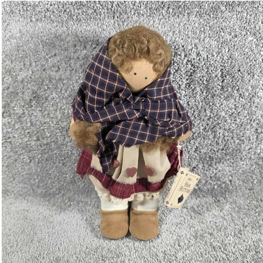 Lizzie High Wood Folk‎ Art Doll Plaid Scarf Hearts Country Primitive